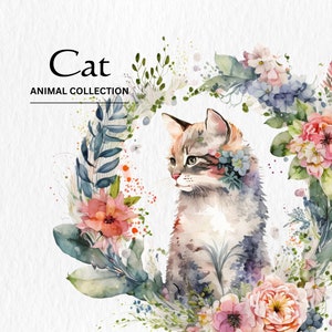 Paquete de imágenes prediseñadas de gato de acuarela - descarga digital instantánea en formato PNG de gato de acuarela para uso comercial