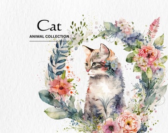 Watercolor Cat Clipart Bundle - watercolor cat PNG format instant digital download for commercial use