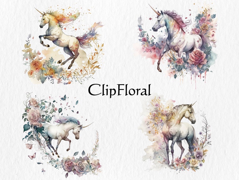 Watercolor Floral Unicorn Clipart Bundle – Fantasy PNG Graphics ...
