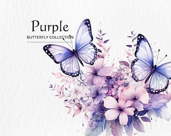 Paquete de imágenes prediseñadas de mariposas moradas en acuarela (descarga digital PNG)