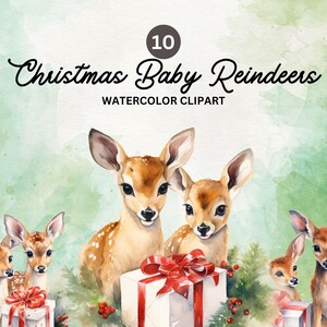 Clipart de renos de bebé de Navidad - 10 PNG de alta calidad - Descarga digital, fabricación de tarjetas, ilustraciones de Navidad Descarga instantánea