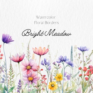 Watercolor Floral Clipart -  Bright Meadow flowers png - Wildflowers floral clipart - Floral border set - clipart - Digital clipart PNG