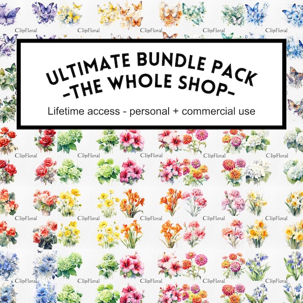 WHOLE SHOP Ultimate Bundle Pack of watercolor png Clipart and digital jpeg papers, Scrapbook, Junk Journal, Download, Commercial Use