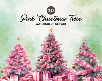 Clipart de Árvore de Natal Rosa: Conjunto PNG de Aquarela (Download Digital)