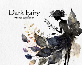 Watercolor Dark Fairy Clipart Bundle – Fantasy PNG Graphics (Digital Download)