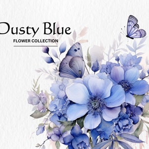 Watercolor Dusty Blue Floral Clipart Bundle - watercolor wedding sublime floral 8 PNG format instant digital download for commercial use