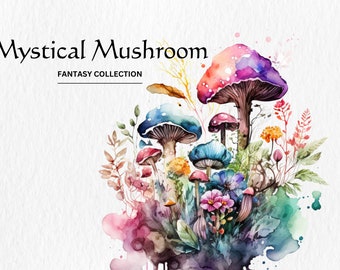Watercolor Mystical Mushroom Clipart – Fantasy PNG Bundle (Digital Download)