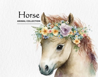 水彩画風の馬のクリップアート集 - 花柄の赤ちゃん馬 PNG (デジタルダウンロード)