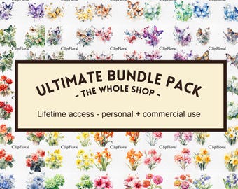 Paquete de imágenes prediseñadas de acuarela y papel digital: PNG floral, uso comercial (descarga digital)