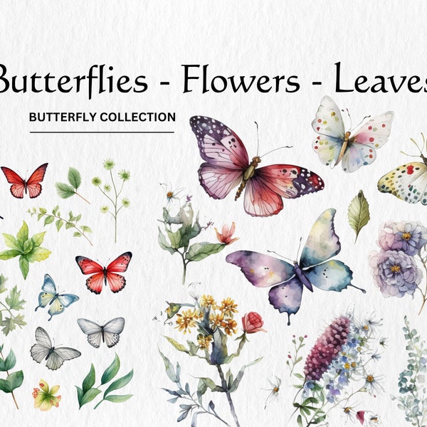 Aquarel vlinders clipart bundel - assortiment van vlinders bloemen bladeren 8 PNG formaat instant digitale download voor commercieel gebruik