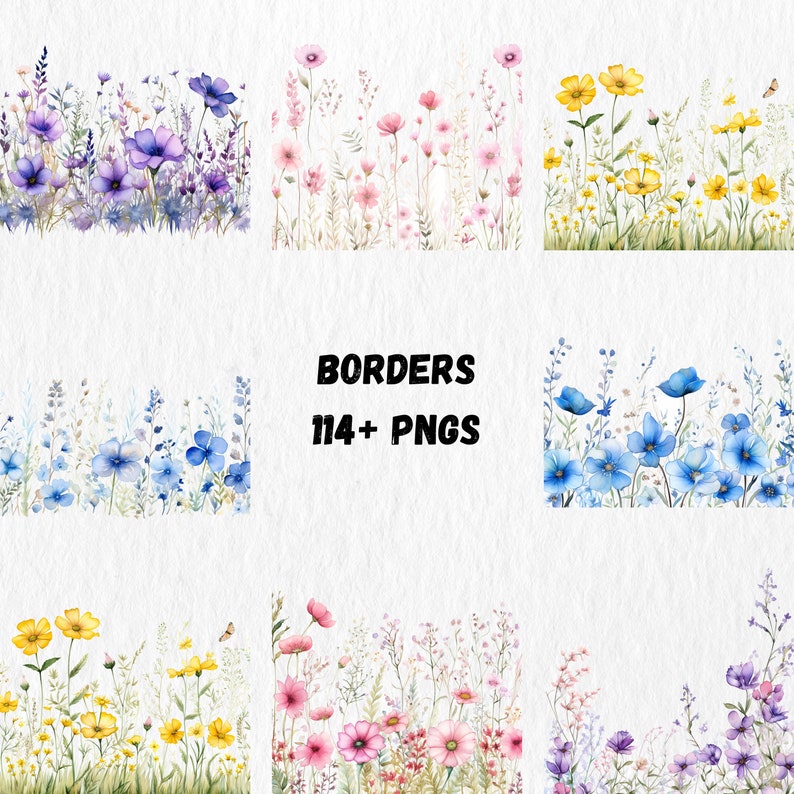 K&ouml;nnte beinhalten: Aquarell-Blumenr&auml;nder in verschiedenen Farben, darunter Lila, Rosa, Gelb und Blau. Das Bild zeigt mehrere Anordnungen von Blumen und Gr&uuml;n, mit dem Text "Borders 114+ PNGS" in der Mitte.