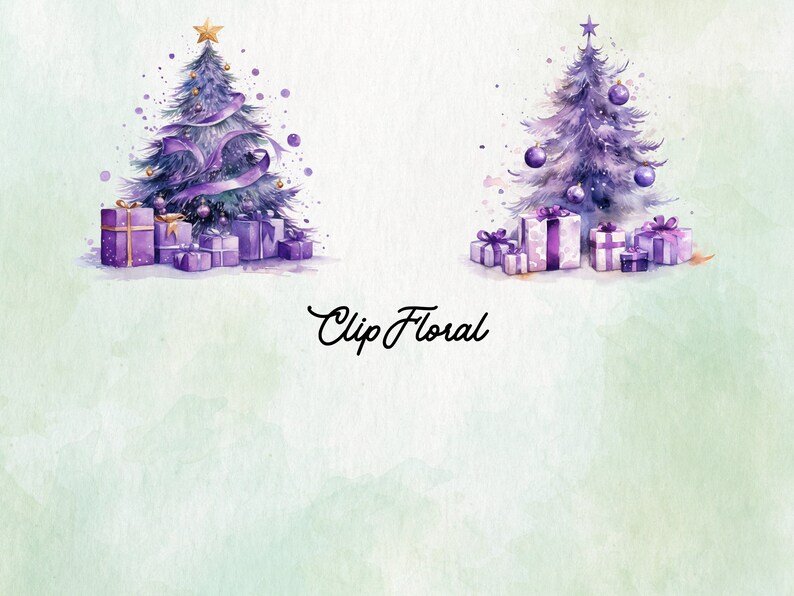 Puede incluir: Dos &aacute;rboles de Navidad morados con estrellas doradas en la cima, decorados con adornos y cintas moradas. Cada &aacute;rbol tiene regalos debajo, envueltos en papel blanco con cintas moradas.