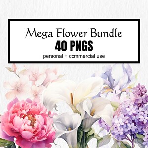 40 PNG Flores Mega Bundle Clipart, Imágenes Prediseñadas de flores de acuarela, Ilustraciones de paquetes de flores, Descarga instantánea, Calla Lilly Wild Iris Lilac