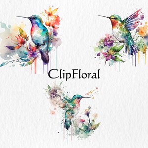 Puede incluir: Tres acuarelas de colibr&iacute;es con flores. Cada colibr&iacute; se representa en una pose diferente con colores vibrantes y detalles intrincados. Las flores tambi&eacute;n est&aacute;n pintadas en una variedad de colores y formas, creando una escena hermosa y caprichosa.