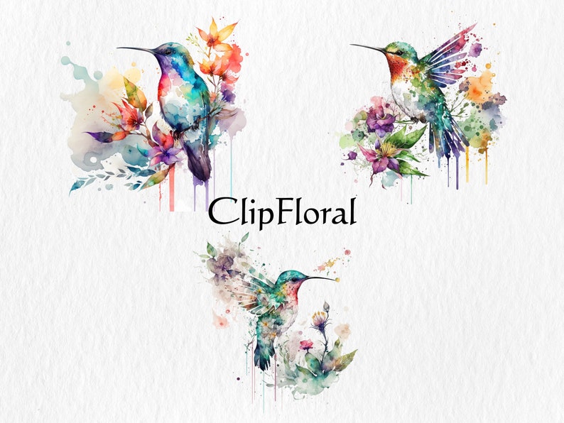 Puede incluir: Tres acuarelas de colibr&iacute;es con flores. Cada colibr&iacute; se representa en una pose diferente con colores vibrantes y detalles intrincados. Las flores tambi&eacute;n est&aacute;n pintadas en una variedad de colores y formas, creando una escena hermosa y caprichosa.