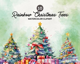 Rainbow Christmas Tree Clipart: 10 PNG Illustrations (Digital Download)