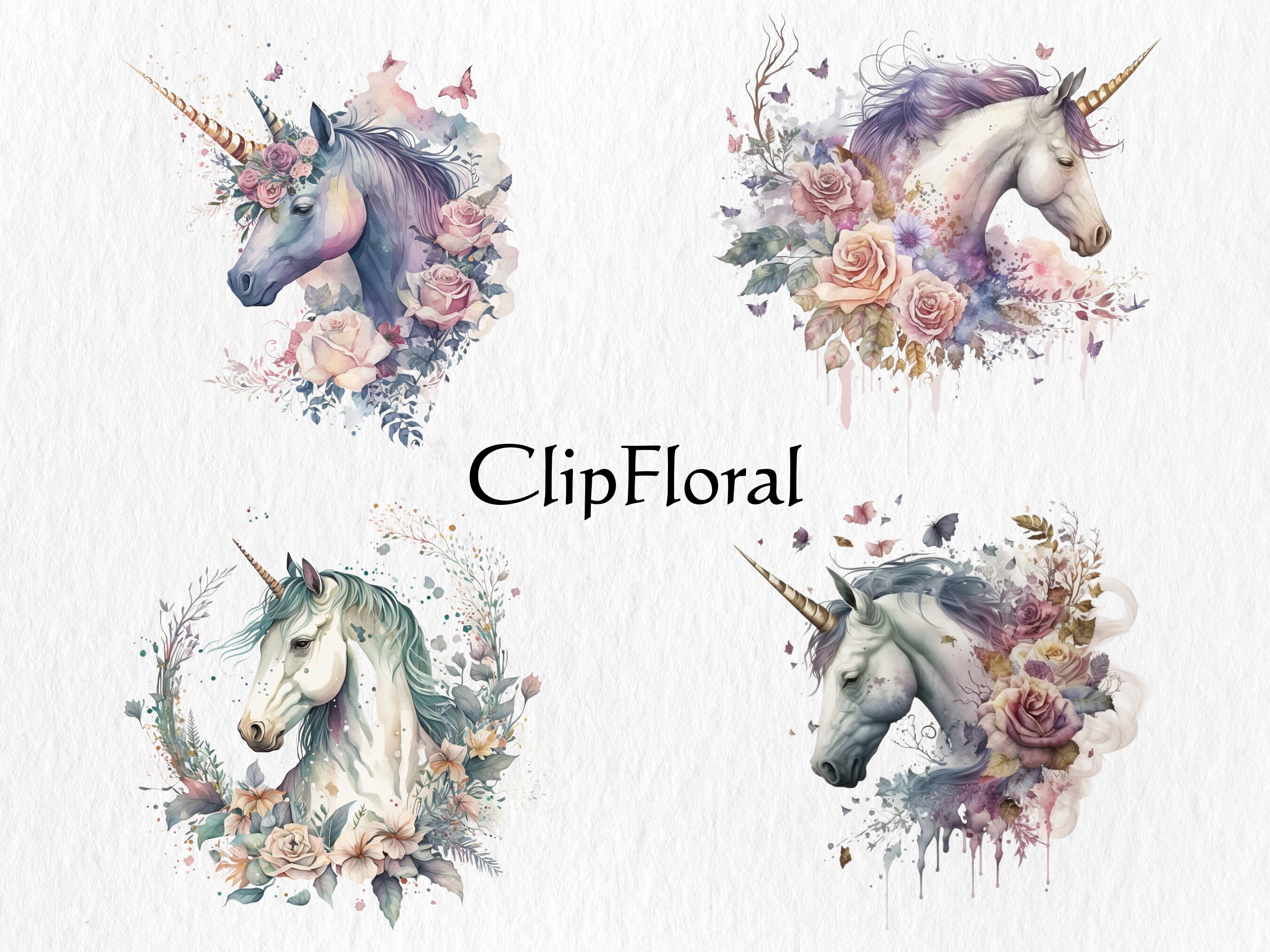 Watercolor Floral Unicorn Clipart Bundle – Fantasy PNG Graphics ...