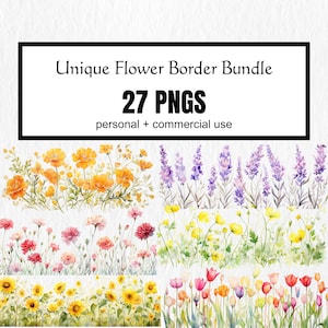 Pacote exclusivo de borda de flor em aquarela 27 papéis PNG clipart e jpeg digital, álbum de recortes, lixo eletrônico, download, uso comercial