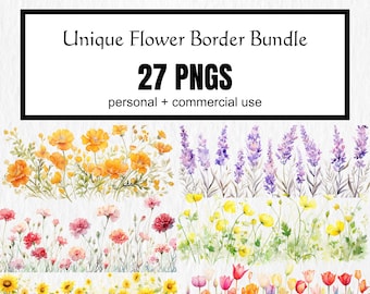 Unique Watercolor Flower Border Bundle 27 PNG Clipart and digital jpeg papers, Scrapbook, Junk Journal, Download, Commercial Use