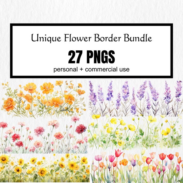 Unieke aquarel bloemenrandbundel 27 PNG clipart en digitale jpeg-papieren, scrapbook, junk journal, download, commercieel gebruik