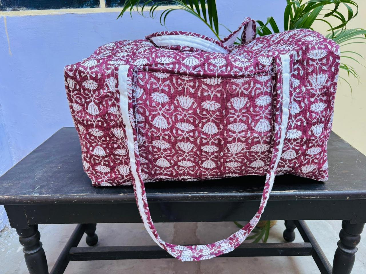 Handmade Quilted Duffle Bag – Aqua Floral Print Weekender main image 0