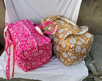Bolsas grandes acolchadas de algodón para el fin de semana para mujer, bolsa de viaje de tela con estampado de bloques, regalos navideños, bolsas de equipaje para pasar la noche, bolsas de transporte con asa