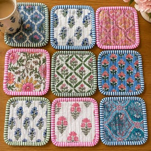 Blommigt quiltade bomullsunderlägg, indiskt blocktryckt dryckesunderlägg, quiltat teunderlägg, fyrkantigt bordsunderlägg med blommönster, festdekorationsunderlägg,