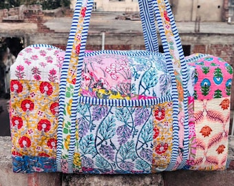 Large Cotton Patches Duffle Bags Blockprint Quilted Fabric Weekender Bags For Women Holiday Gifts Handmade Colorful Travel Overnight Bags
