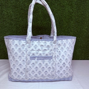 Floral Handprinted Large Quilted Tote Bags | Boho Overnight Weekender Beach Tote Bag | Eco Friendly Shopping Grocery Travel Bags For Women