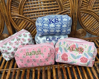 Large Cotton Quilted Embroidery Down Zip Makeup Pouch, Boho Hand Block Printed Woman Travel Handbag Pouch, Bride Cosmetic Pouch Gift,