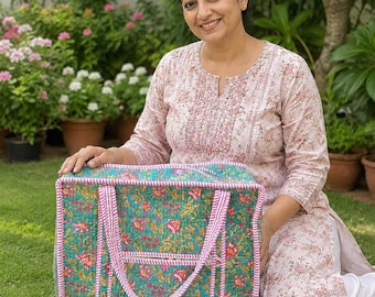 Hand-block printed quilted tote bag, women's beach bags, cotton zipper tote bag, handmade gifts, grocery shopping bags, market bag for women