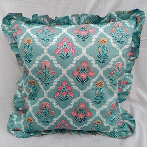 Block Print Boho Cushion Cover With Frill Handmade Cotton Bed Throw Pillows, bohemian pillow cushion cover vintage home decor frill cushion