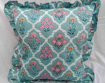 Block Print Boho Cushion Cover With Frill Handmade Cotton Bed Throw Pillows, bohemian pillow cushion cover vintage home decor frill cushion