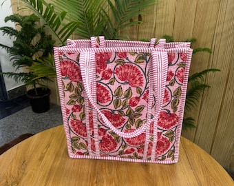 indian Cotton Quilted Bag, Block Print Tote Bag for Women, Boho Travel Bag, Handmade Shoulder Purse, Large Floral Weekender, Bridesmaid