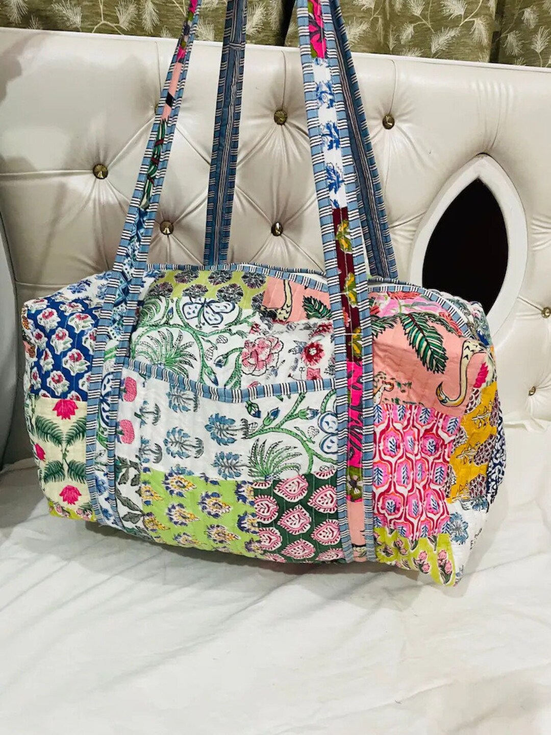 Large Cotton Quilted Patches Duffle Bags Block Print Fabric Weekender