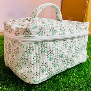 Neceser grande con estampado vintage de bloques indios, colorido, de tela acolchada, para cosméticos, neceser de viaje, neceser para mujer