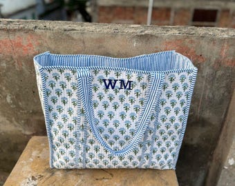 Embroidered Monogram Large Tote Weekend Bags, Cotton Quilted Handprinted Floral Shopping Travel Carryall Bag Beach Tote Bags for Women Gifts