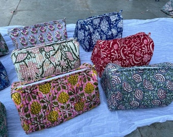 Vintage Block Printed Wash Quilted Cosmetic Bags Unique gifts Cotton Large Floral Makeup Bag Gift For Women's Colorful Travel toiletry Bags