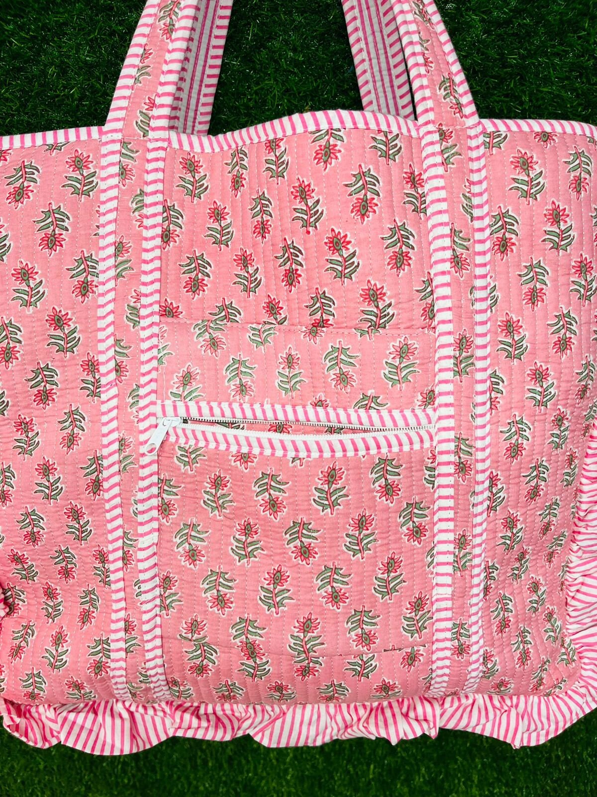Hand Block Print Tote Bag Cotton Quilted Frill Tote Bags