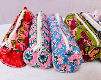 Cotton Quilted Pencil Bag Colorful Pencil Pouch Flower Print Pen Case Makeup Brush Bag Back To School Fabric Pencil Case Gifts For Student