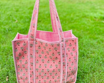 Borsa tote stampata a blocchi indiani, grande borsa da donna in cotone trapuntato, borsa da viaggio, regalo di compleanno, regalo di Natale per lei, borsa per il ritorno a scuola