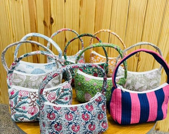 10 Pcs Indian hand-block cotton quilted woman's handbag, Girls travel, carry on shoulder bag, wedding stylish gift bag, market carry bag