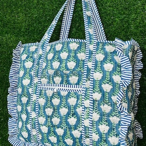 Große Baumwolle gesteppte Rüschen Einkaufstasche Umweltfreundliche nachhaltige Lebensmitteleinkauf Handgemachte Rüschen Traval Taschen Boho Weekender Tasche Tragen Sie alle Tote