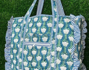 Large Cotton Quilted Frill Tote Bag Eco friendly Sustainable Grocery Shopping Handmade Ruffle  Traval Bags Boho Weekender Bag Carry All Tote