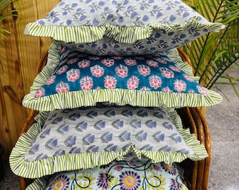 Indian hand-block cotton quilted frill cushion cover, floral print home decor pillow cover, throw pillow cover, boho bedding pillows,