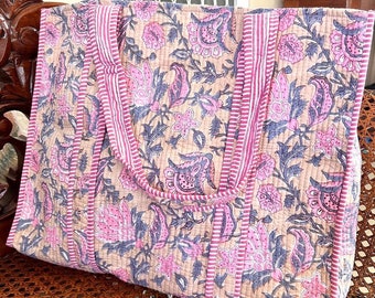 Large Cotton Quilted Tote Bags Hand Block Print Overnight Beach Bag Travel Tote Bags Shopping Bag For Women Cotton Grocery Bag Carry on Bag