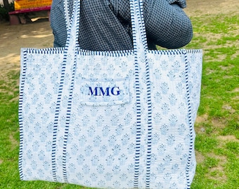 Large Cotton Quilted Tote Bags, Hand Block Floral Printed Woman's Shoulder Tote Bag, Bride A custom embroidered name tote bag  gift for her