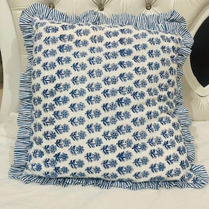 Indian Floral Block Print Frill Cushion Cover Home Decor Pillows Bohemian Ruffle Throw Pillow Sofa Cushion Living Room Pillowcase 20x20 Inch