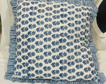Handmade cotton frill cushion cover, floral print throw pillow cover, farmhouse decorative pillow cover, boho hand block pillow cover,