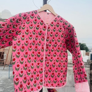 Cotton Women&#39;s Quilted Jacket Block Printed Boho Style Quilted Handmade Jackets Holiday Gift Handmade Jacket Gift For Girl&#39;s Winter Coat